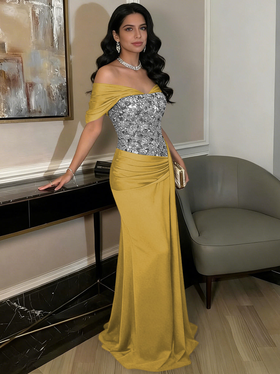 A-Line Off-Shoulder Sweetheart Floor-Length Evening Dresses with Sequin & Satin