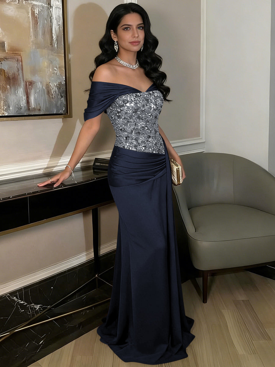 A-Line Off-Shoulder Sweetheart Floor-Length Evening Dresses with Sequin & Satin
