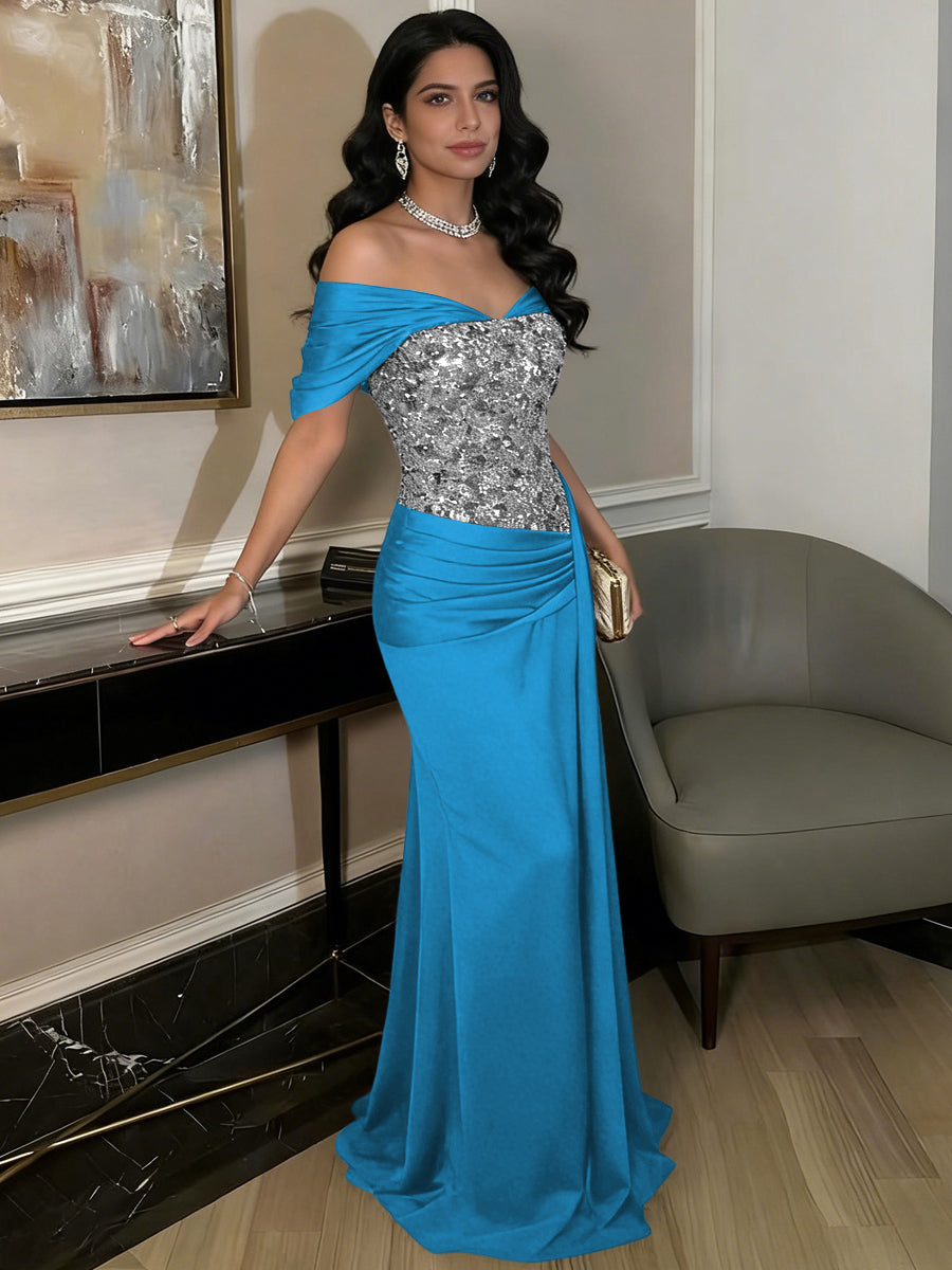 A-Line Off-Shoulder Sweetheart Floor-Length Evening Dresses with Sequin & Satin