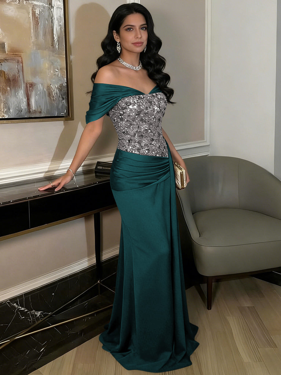 A-Line Off-Shoulder Sweetheart Floor-Length Evening Dresses with Sequin & Satin