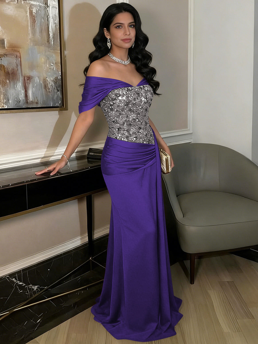 A-Line Off-Shoulder Sweetheart Floor-Length Evening Dresses with Sequin & Satin