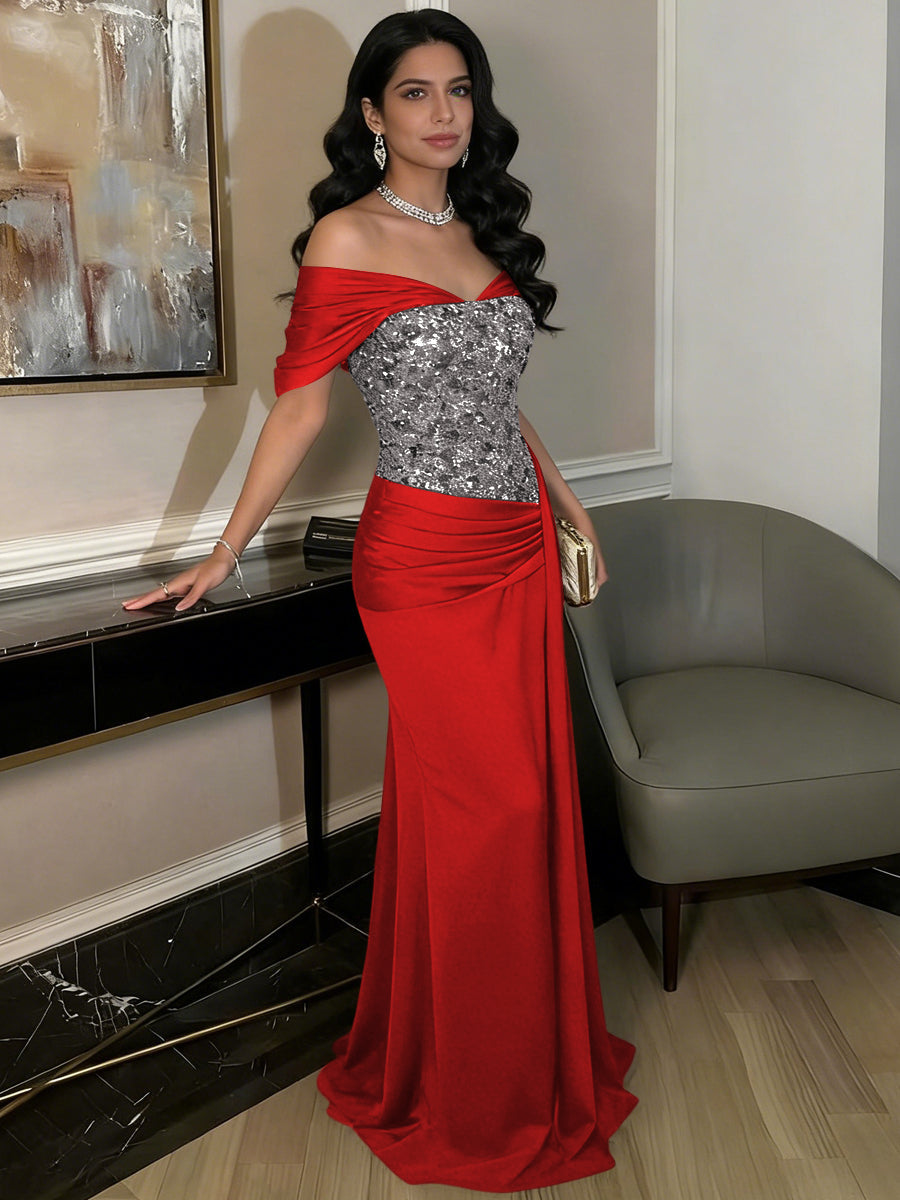 A-Line Off-Shoulder Sweetheart Floor-Length Evening Dresses with Sequin & Satin