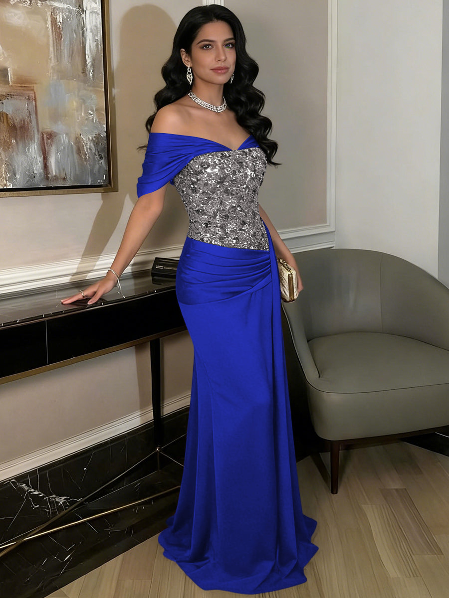 A-Line Off-Shoulder Sweetheart Floor-Length Evening Dresses with Sequin & Satin