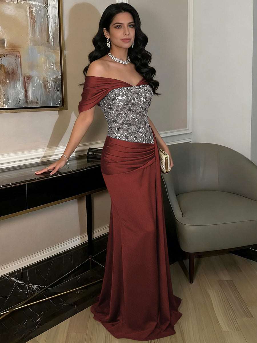 A-Line Off-Shoulder Sweetheart Floor-Length Evening Dresses with Sequin & Satin