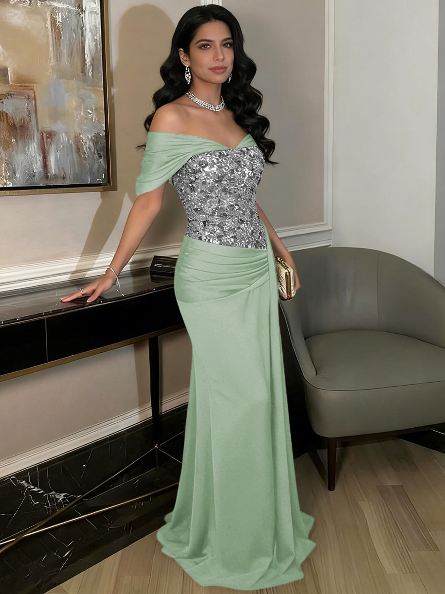 A-Line Off-Shoulder Sweetheart Floor-Length Evening Dresses with Sequin & Satin