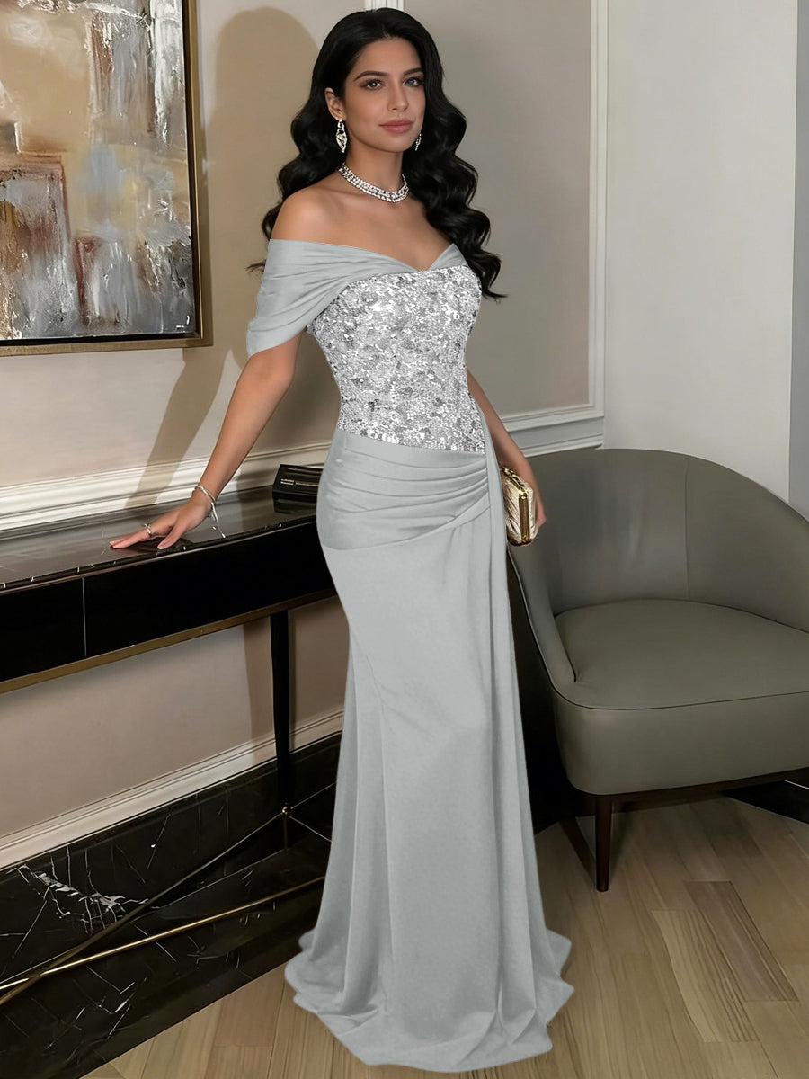 A-Line Off-Shoulder Sweetheart Floor-Length Evening Dresses with Sequin & Satin