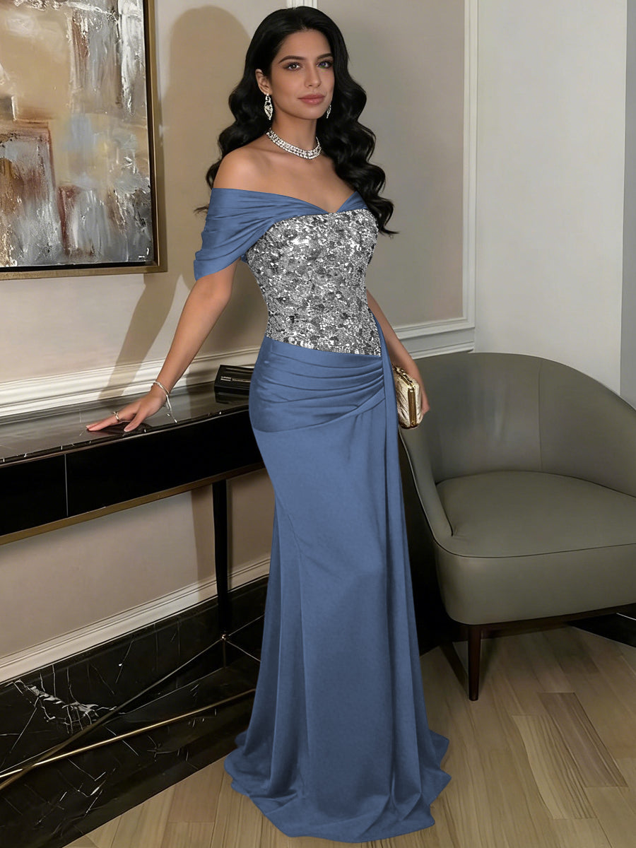 A-Line Off-Shoulder Sweetheart Floor-Length Evening Dresses with Sequin & Satin