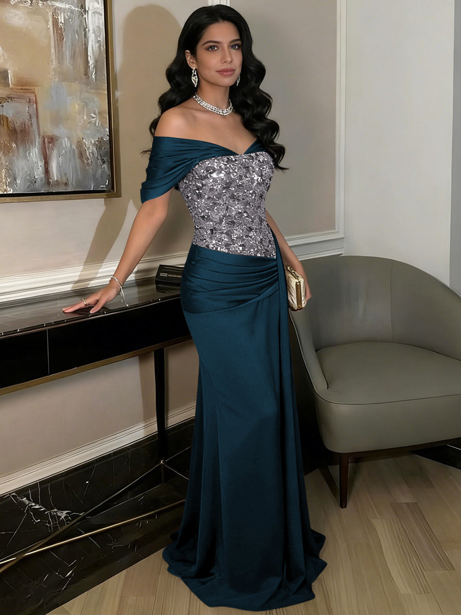 A-Line Off-Shoulder Sweetheart Floor-Length Evening Dresses with Sequin & Satin