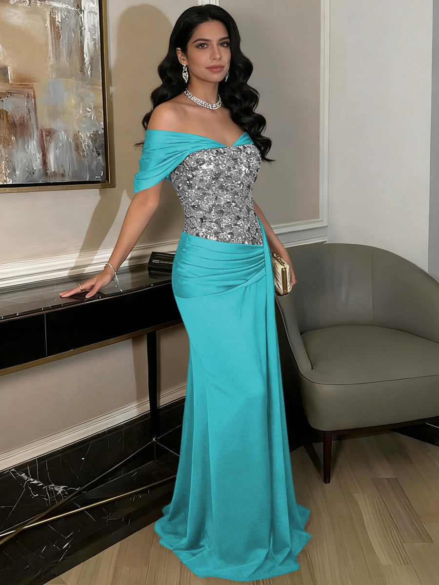 A-Line Off-Shoulder Sweetheart Floor-Length Evening Dresses with Sequin & Satin