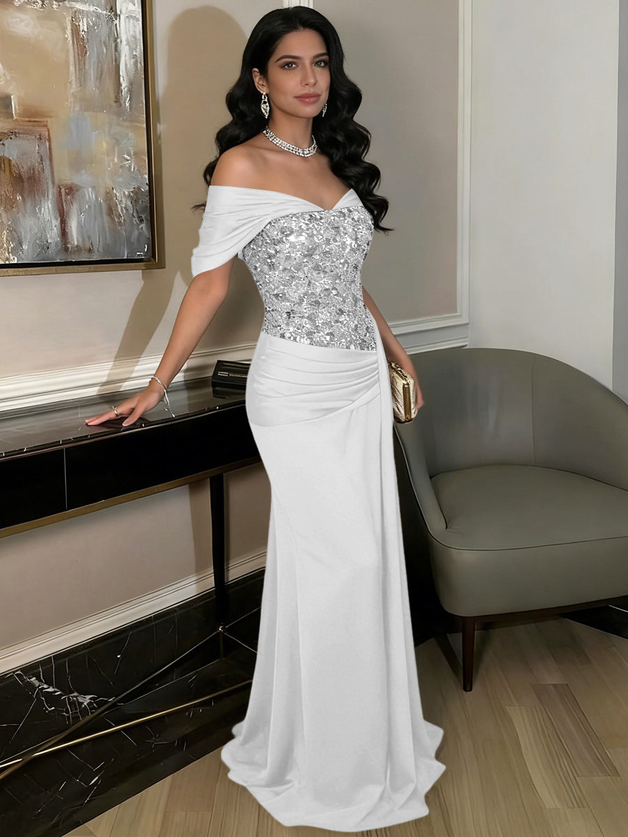 A-Line Off-Shoulder Sweetheart Floor-Length Evening Dresses with Sequin & Satin