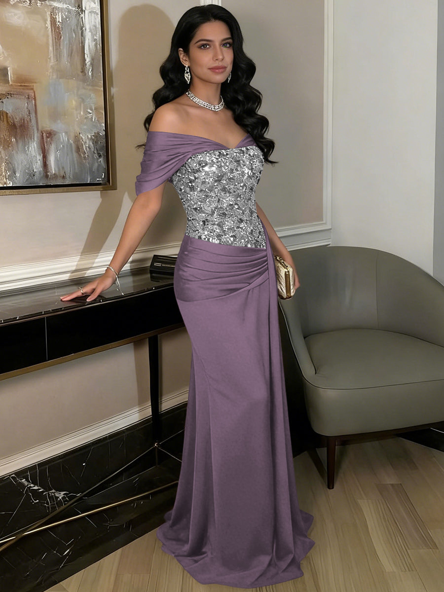 A-Line Off-Shoulder Sweetheart Floor-Length Evening Dresses with Sequin & Satin