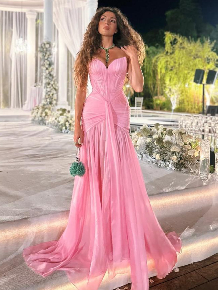 A-Line Strapless Sweetheart Drop Waist Formal Dresses with Pleated Satin
