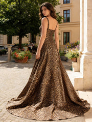 A-Line Spaghetti Strap Sweetheart Corset Long Prom Dresses Leopard Print Ball Gown