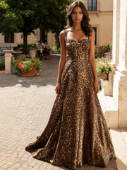 A-Line Spaghetti Strap Sweetheart Corset Long Prom Dresses Leopard Print Ball Gown