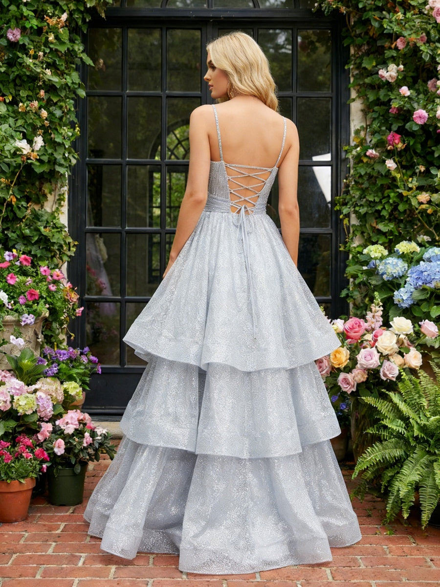 A-Line Glitter Tulle Spaghetti Straps Tiered Ruffles Prom Dresses Ruched Bodice Ball Gowns