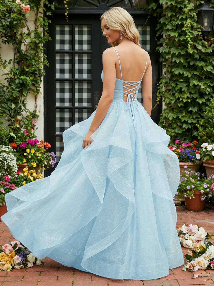 A-Line/Princess Glitter Tulle Tiered Ruffles Spaghetti Straps Prom Dresses