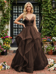 A-Line/Princess Glitter Tulle Tiered Ruffles Spaghetti Straps Prom Dresses