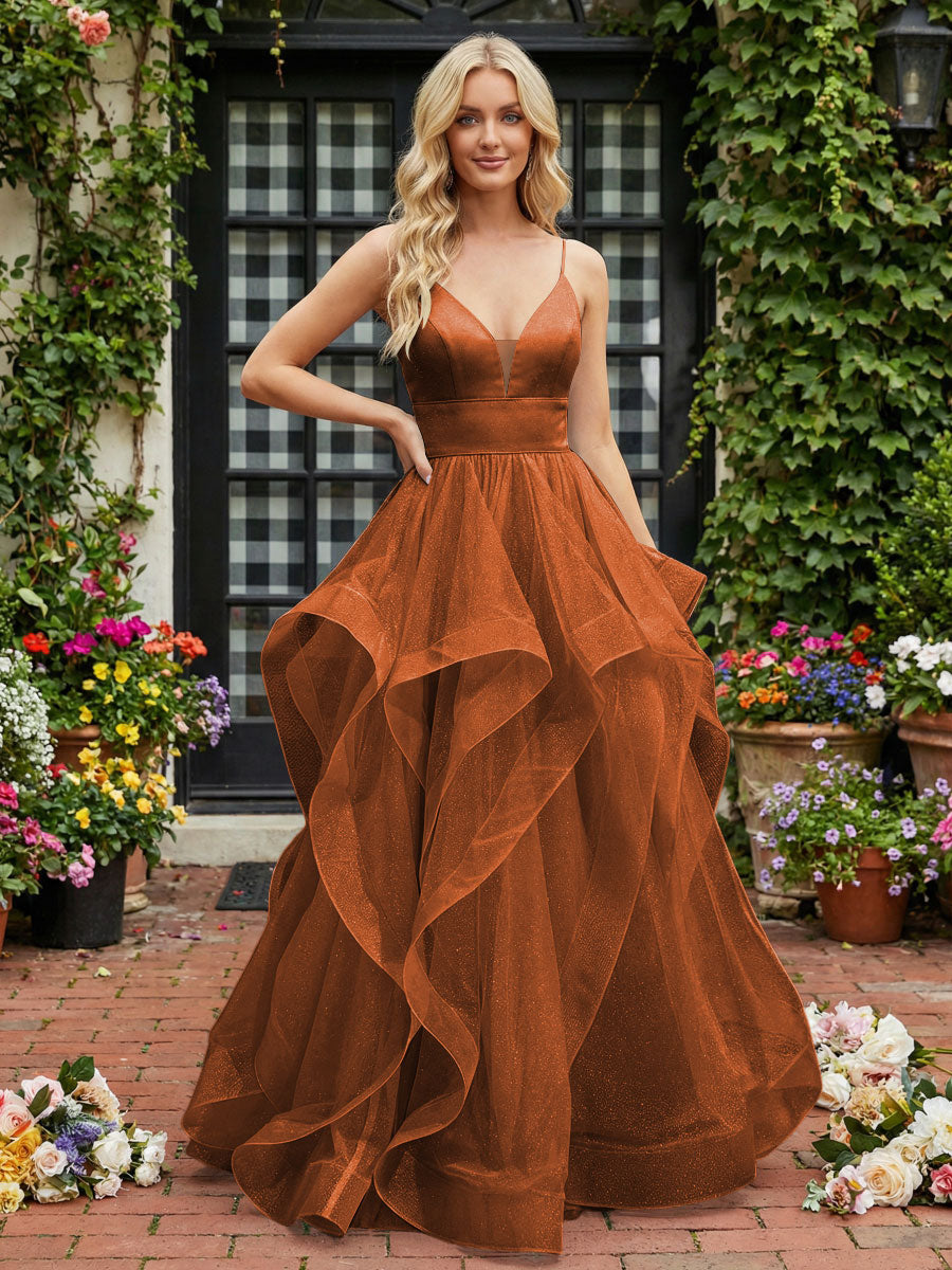 A-Line/Princess Glitter Tulle Tiered Ruffles Spaghetti Straps Prom Dresses