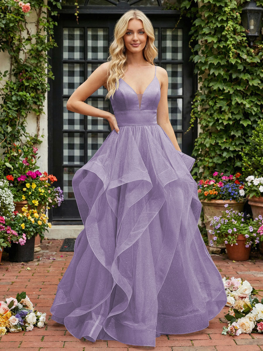 A-Line/Princess Glitter Tulle Tiered Ruffles Spaghetti Straps Prom Dresses