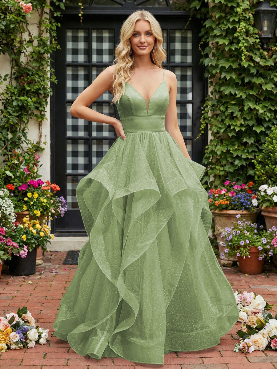 A-Line/Princess Glitter Tulle Tiered Ruffles Spaghetti Straps Prom Dresses