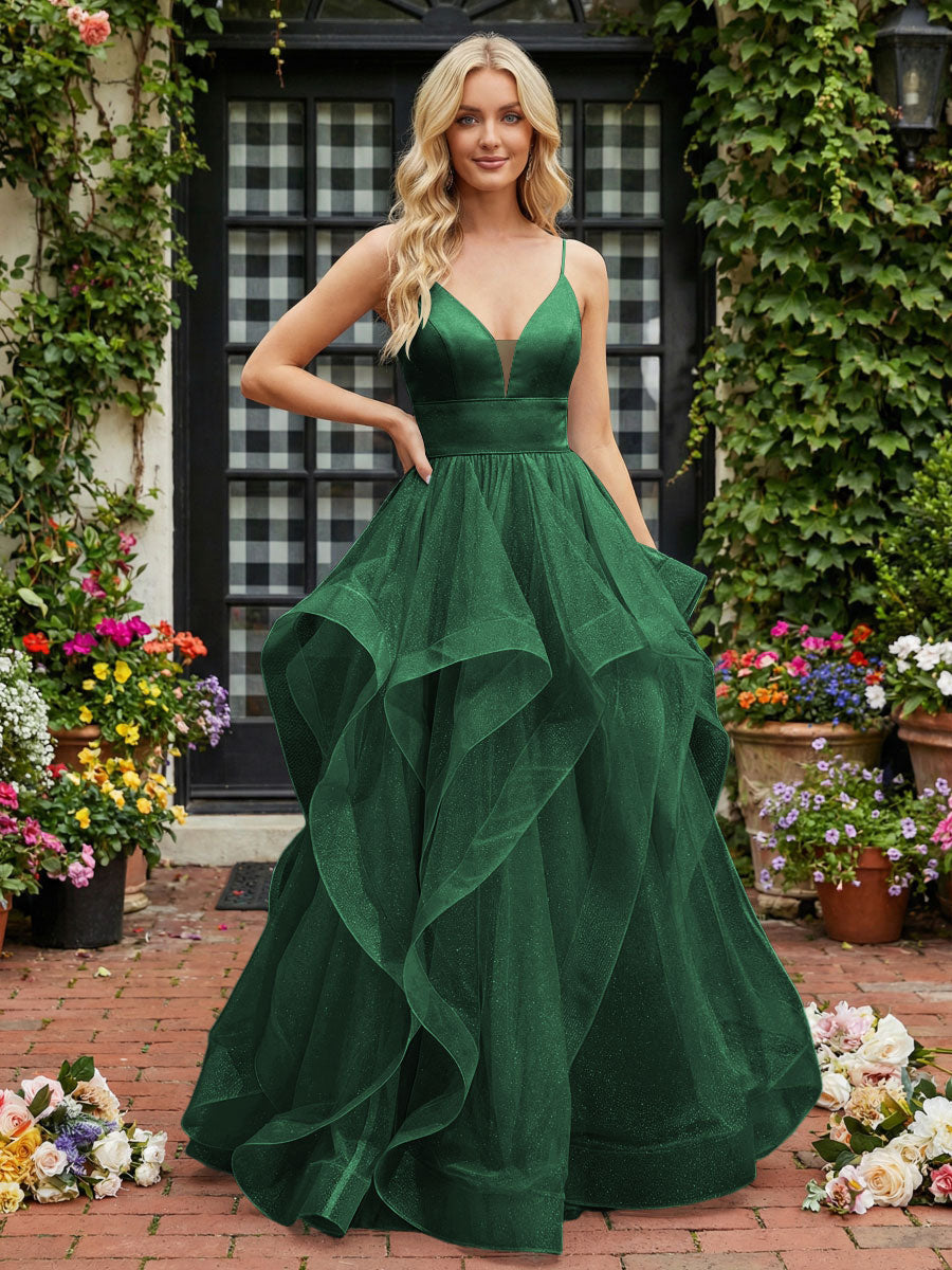 A-Line/Princess Glitter Tulle Tiered Ruffles Spaghetti Straps Prom Dresses
