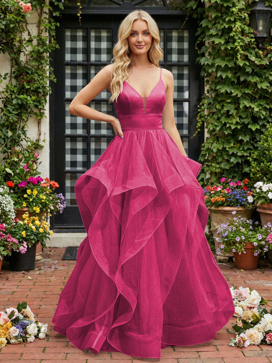 A-Line/Princess Glitter Tulle Tiered Ruffles Spaghetti Straps Prom Dresses