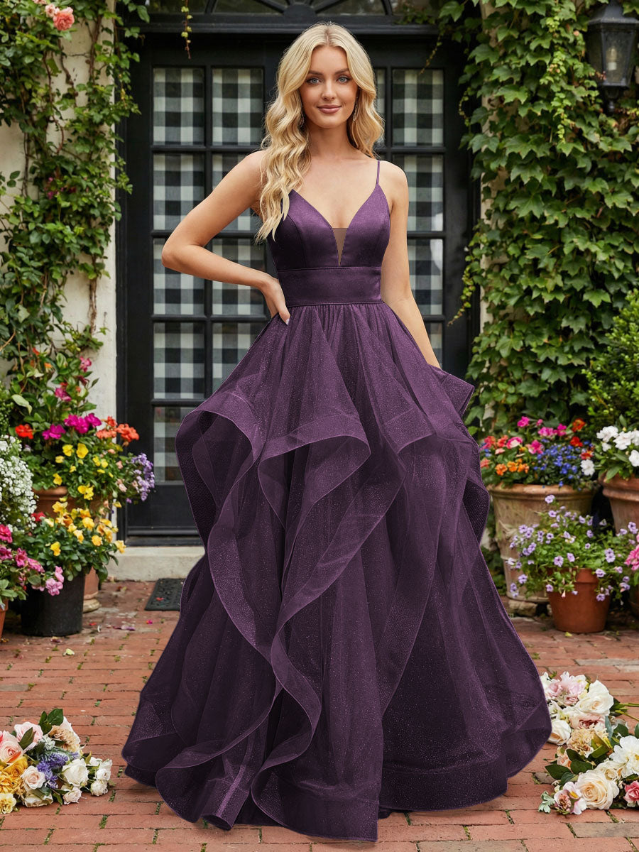A-Line/Princess Glitter Tulle Tiered Ruffles Spaghetti Straps Prom Dresses