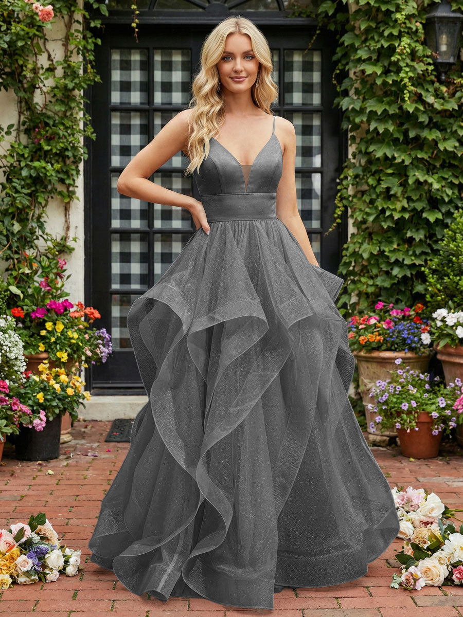 A-Line/Princess Glitter Tulle Tiered Ruffles Spaghetti Straps Prom Dresses