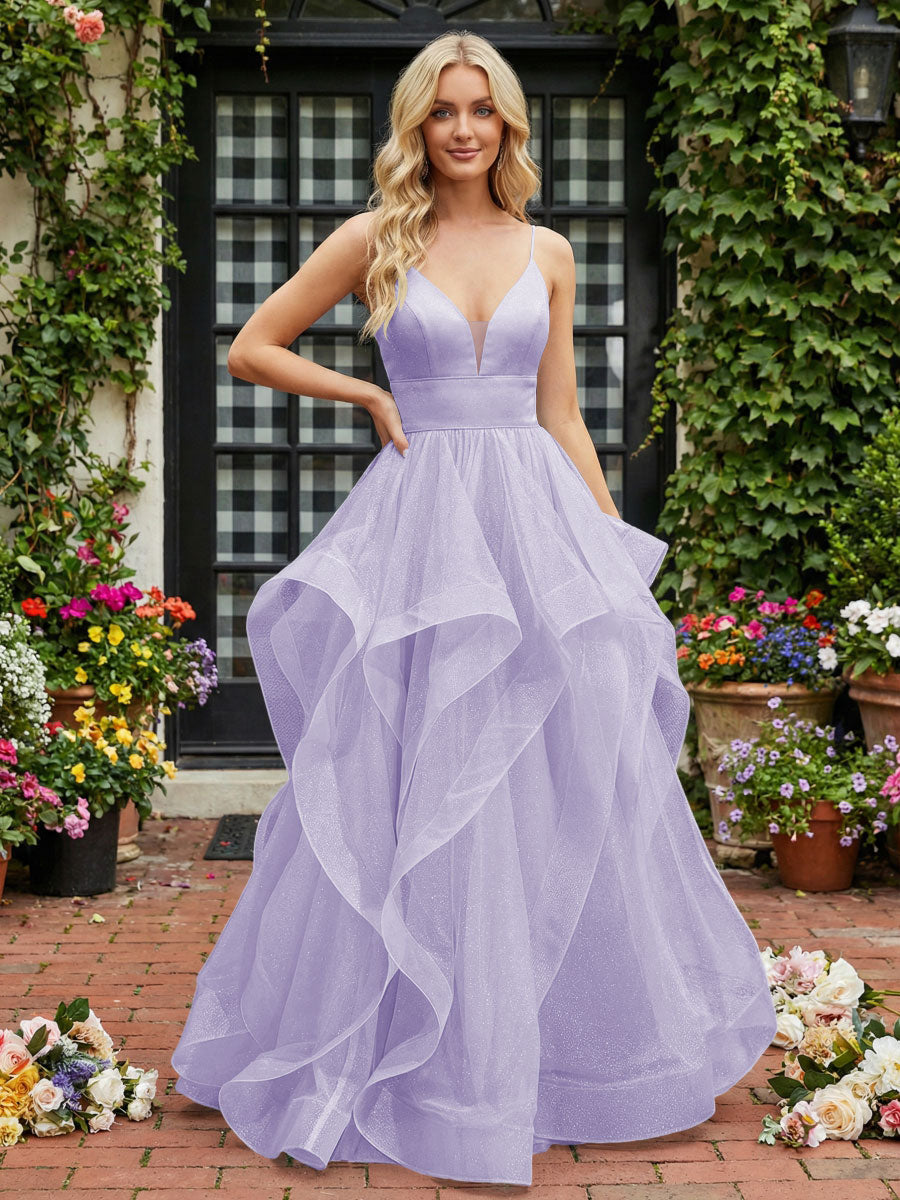 A-Line/Princess Glitter Tulle Tiered Ruffles Spaghetti Straps Prom Dresses