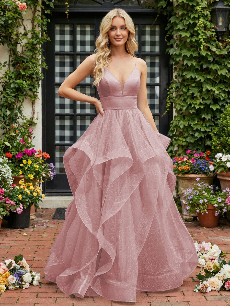 A-Line/Princess Glitter Tulle Tiered Ruffles Spaghetti Straps Prom Dresses
