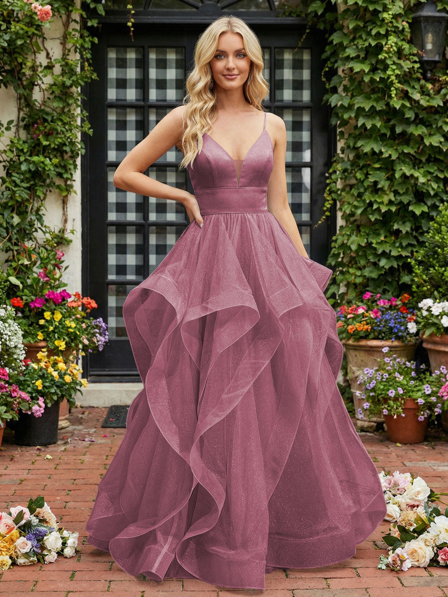 A-Line/Princess Glitter Tulle Tiered Ruffles Spaghetti Straps Prom Dresses