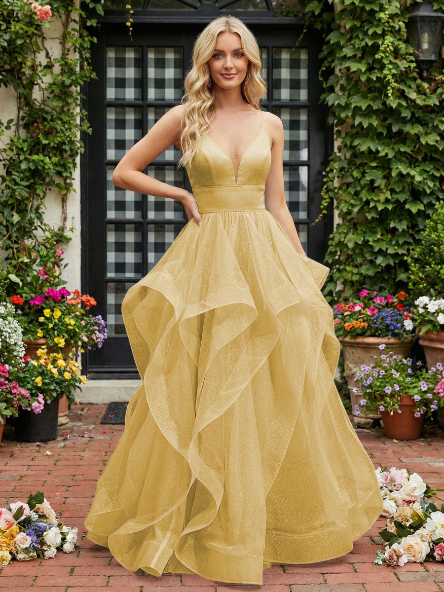 A-Line/Princess Glitter Tulle Tiered Ruffles Spaghetti Straps Prom Dresses