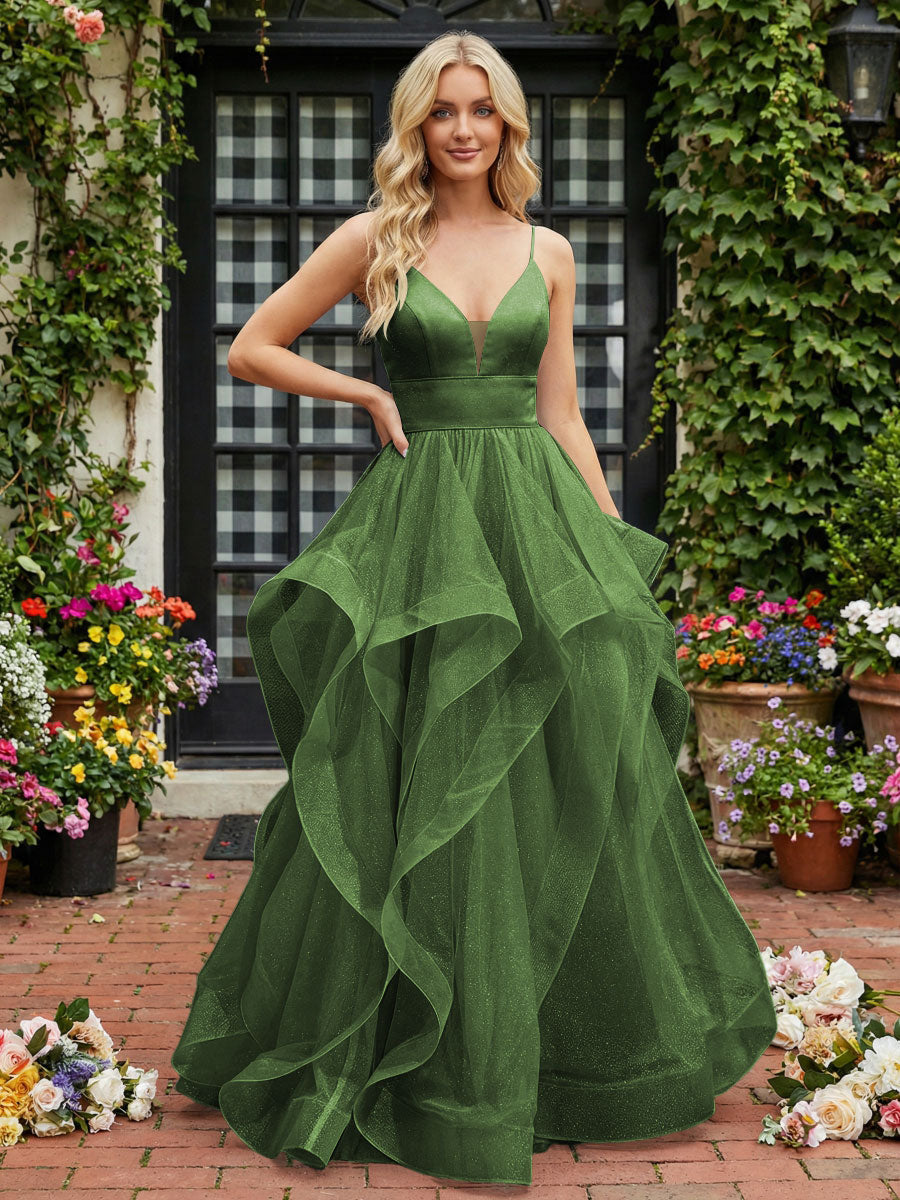 A-Line/Princess Glitter Tulle Tiered Ruffles Spaghetti Straps Prom Dresses