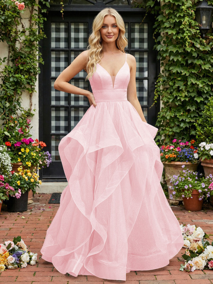 A-Line/Princess Glitter Tulle Tiered Ruffles Spaghetti Straps Prom Dresses