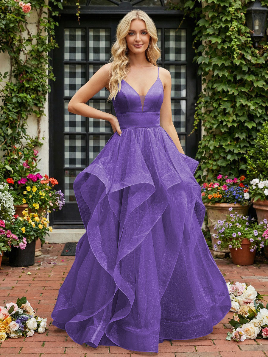A-Line/Princess Glitter Tulle Tiered Ruffles Spaghetti Straps Prom Dresses