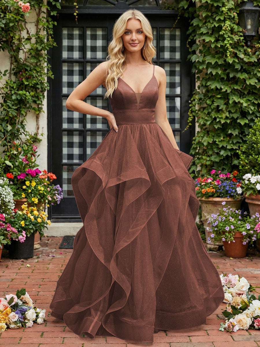 A-Line/Princess Glitter Tulle Tiered Ruffles Spaghetti Straps Prom Dresses