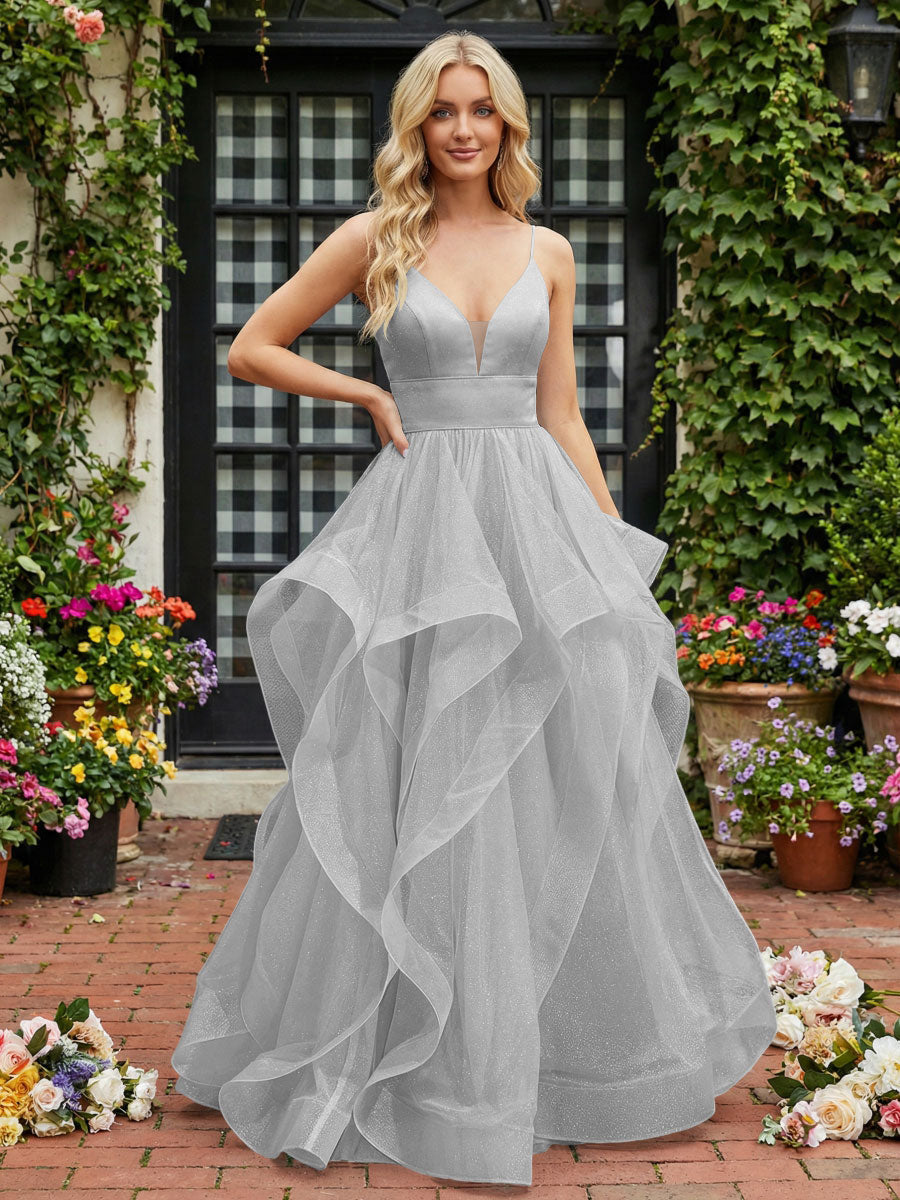 A-Line/Princess Glitter Tulle Tiered Ruffles Spaghetti Straps Prom Dresses