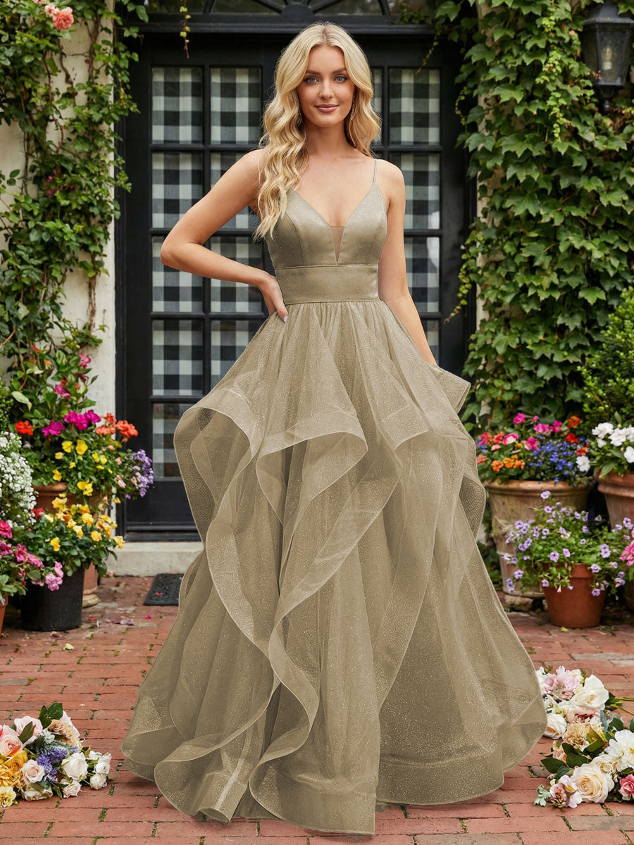 A-Line/Princess Glitter Tulle Tiered Ruffles Spaghetti Straps Prom Dresses