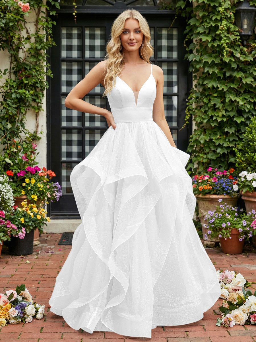 A-Line/Princess Glitter Tulle Tiered Ruffles Spaghetti Straps Prom Dresses