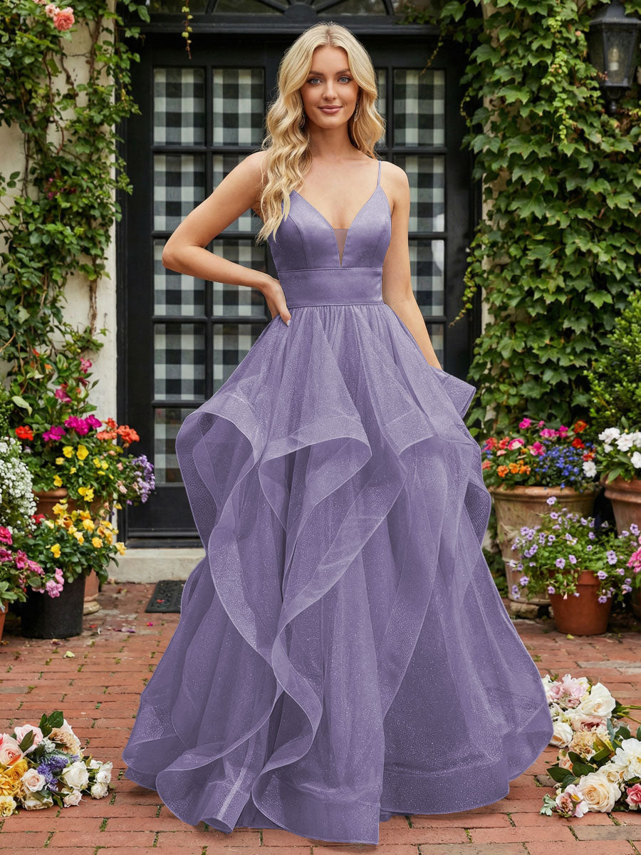 A-Line/Princess Glitter Tulle Tiered Ruffles Spaghetti Straps Prom Dresses