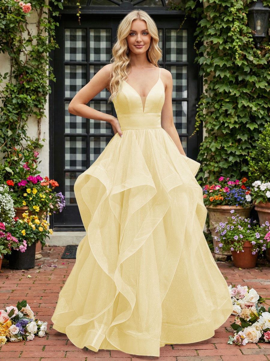 A-Line/Princess Glitter Tulle Tiered Ruffles Spaghetti Straps Prom Dresses