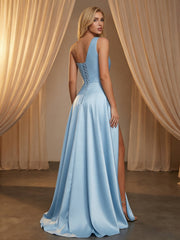 A-Line Satin One Shoulder Pleated Prom Dresses with High Side Slit