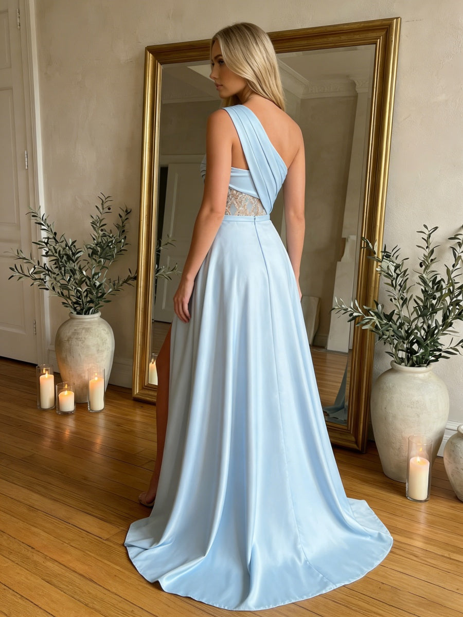 A-Line Satin One Shoulder Draping Prom Dresses with High Side Slit
