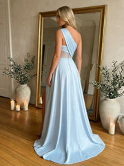 A-Line Satin One Shoulder Draping Prom Dresses with High Side Slit
