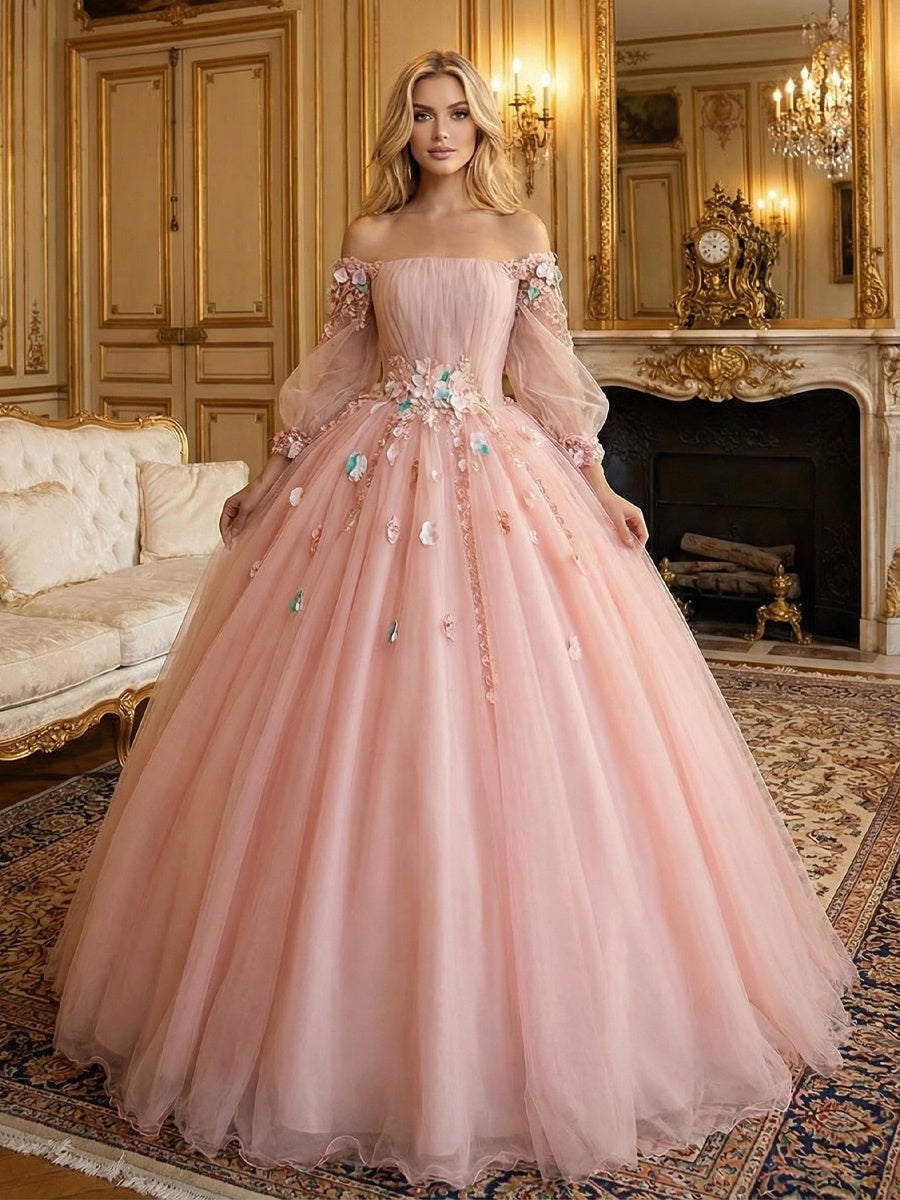 A-Line/Princess Off Shoulder Tulle Long Sheer Sleeves Prom Dresses Maxi Ball Gowns with 3D Floral Appliques