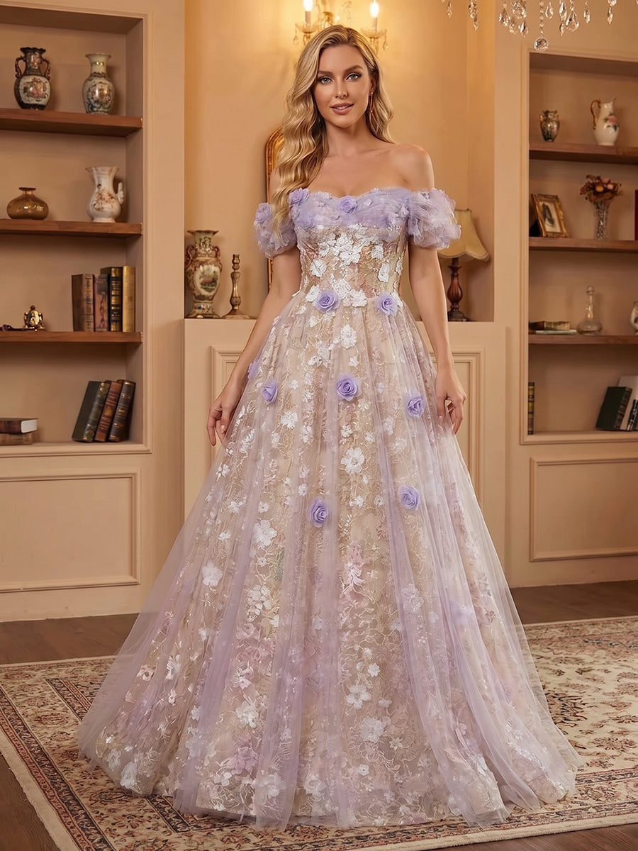 A-Line/Princess Off Shoulder Sweetheart Fairy Tulle Prom Dresses Ruffled Maxi Ball Gowns with 3D Floral Appliques