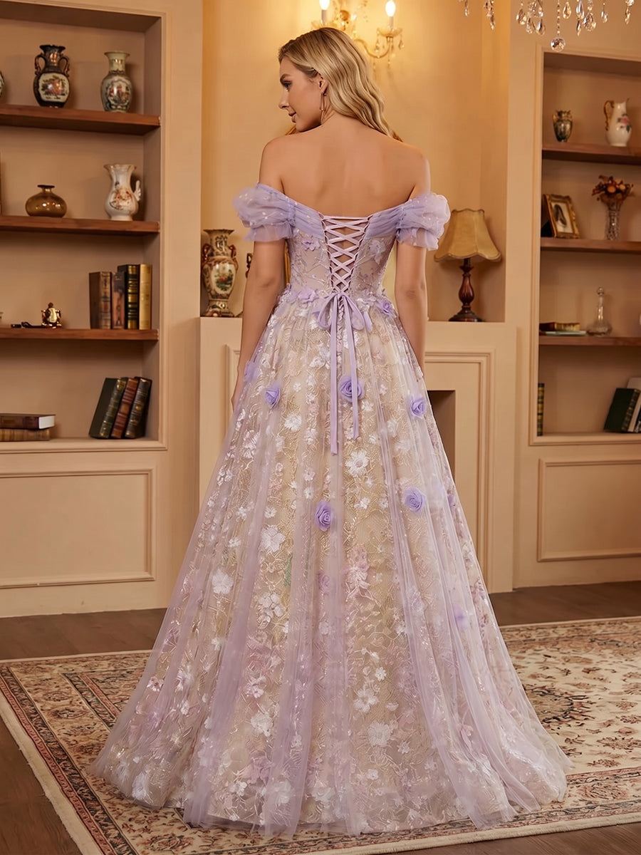 A-Line/Princess Off Shoulder Sweetheart Fairy Tulle Prom Dresses Ruffled Maxi Ball Gowns with 3D Floral Appliques