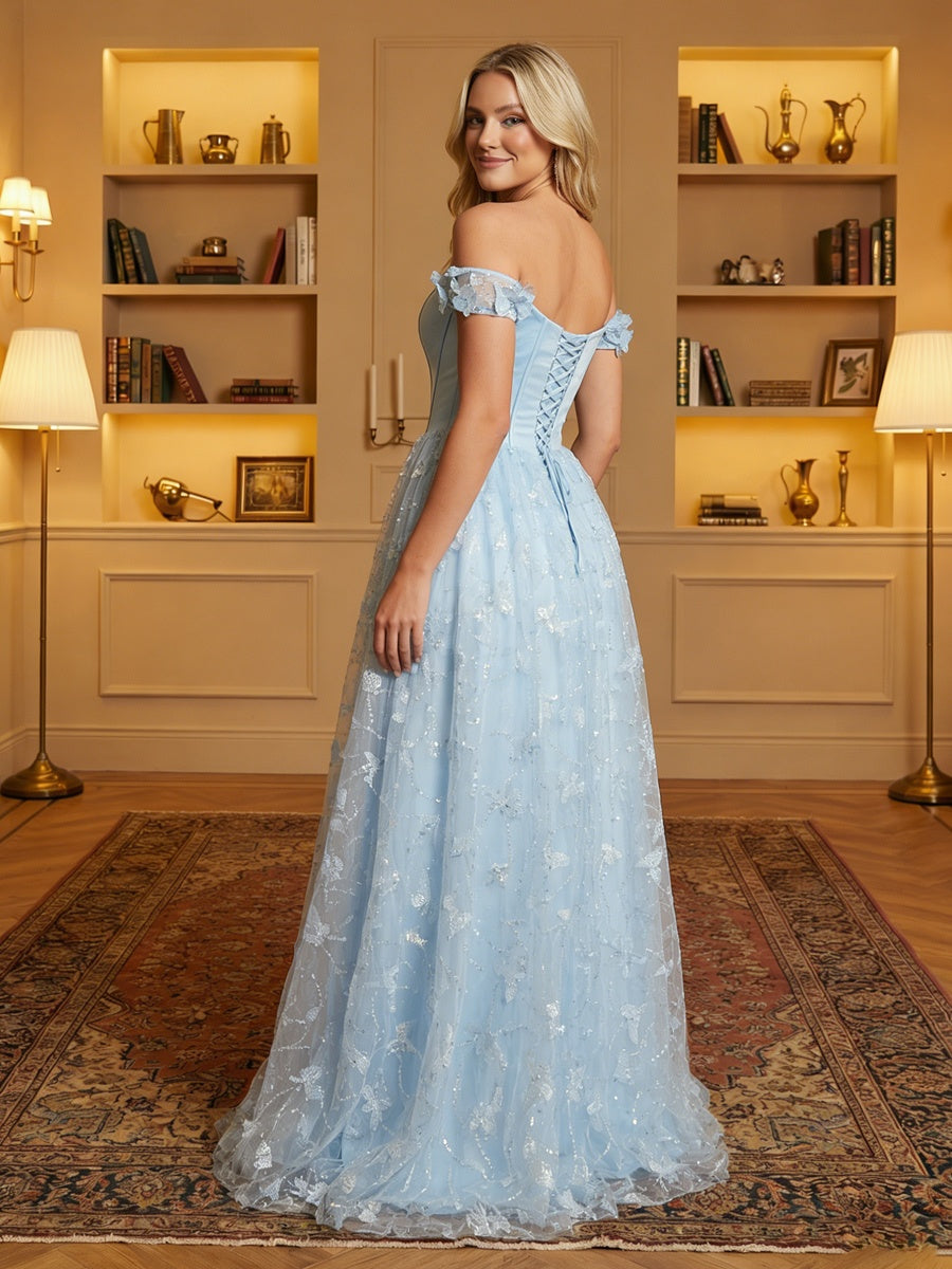 A-Line/Princess Off Shoulder Tulle Corset Lace Embroidery Prom Dresses Maxi Fairy Gowns with Rhinestones