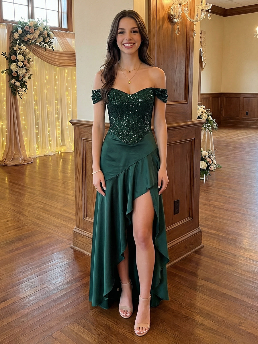 A-Line High-Low Satin Ruffles Off Shoulder Sequin Bodice Prom Dresses