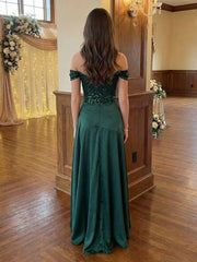 A-Line High-Low Satin Ruffles Off Shoulder Sequin Bodice Prom Dresses